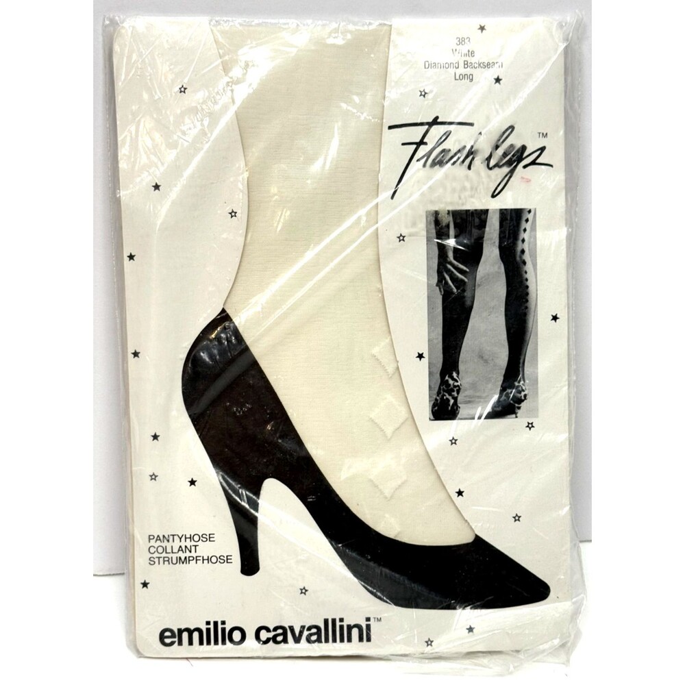 Emilio Cavallini Flash Legs Backseam White‎ Diamond Pantyhose 80s Vintage USA